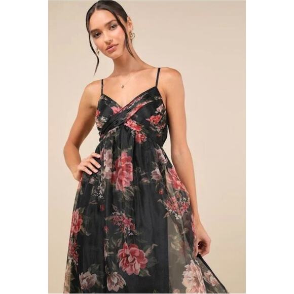 LULUS Floral Organza Maxi Dress Small Coquette Fairy Dark Romantic Dainty Flowy - Picture 2 of 10